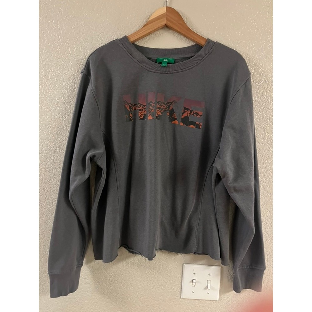 Dip Womens Hike Mountain Graphic Sweatshirt Gray Raw Hem‎ Fleece Pullover L